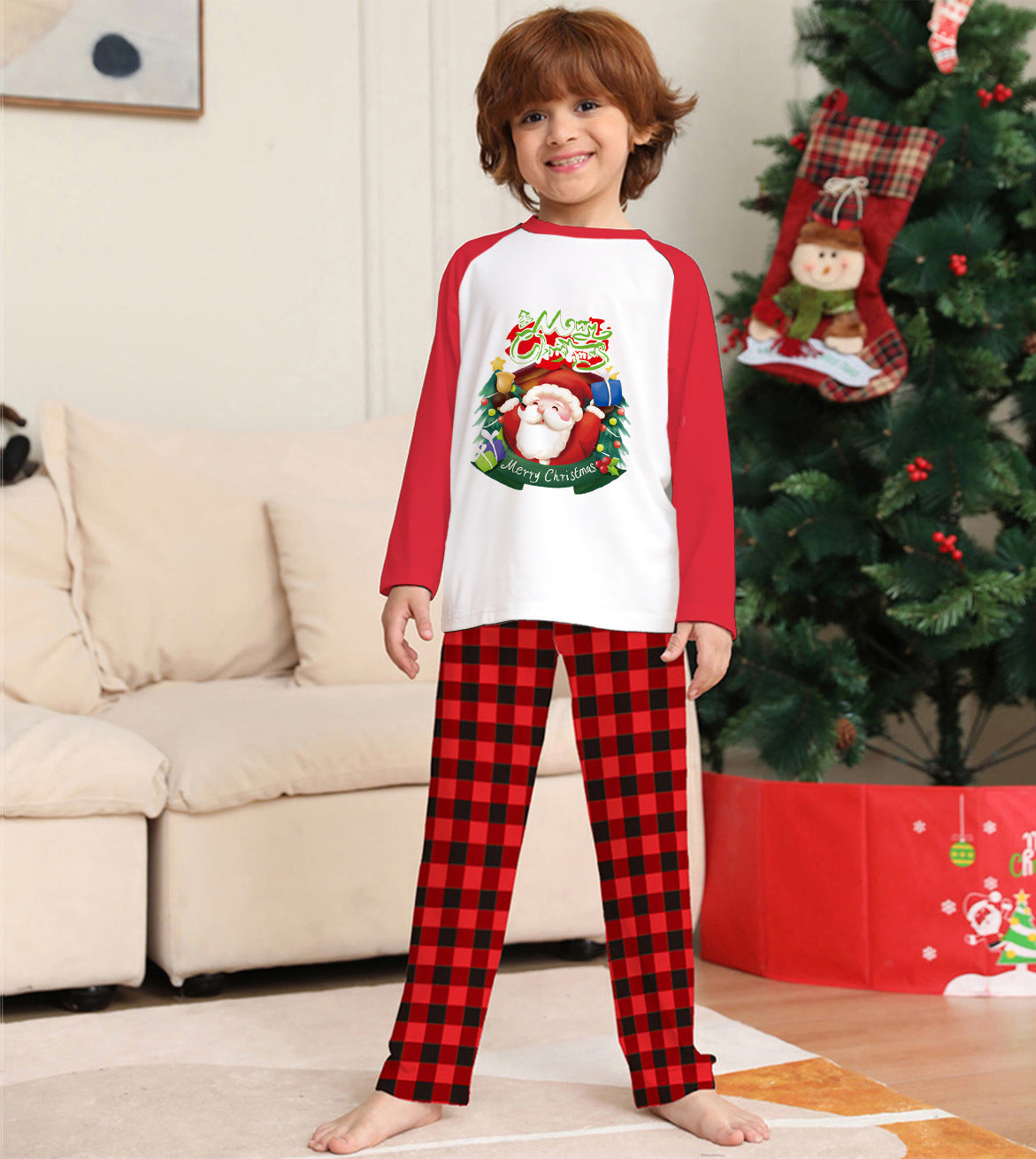 Christmas family matching pajamas, red and white long-sleeve plaid set
