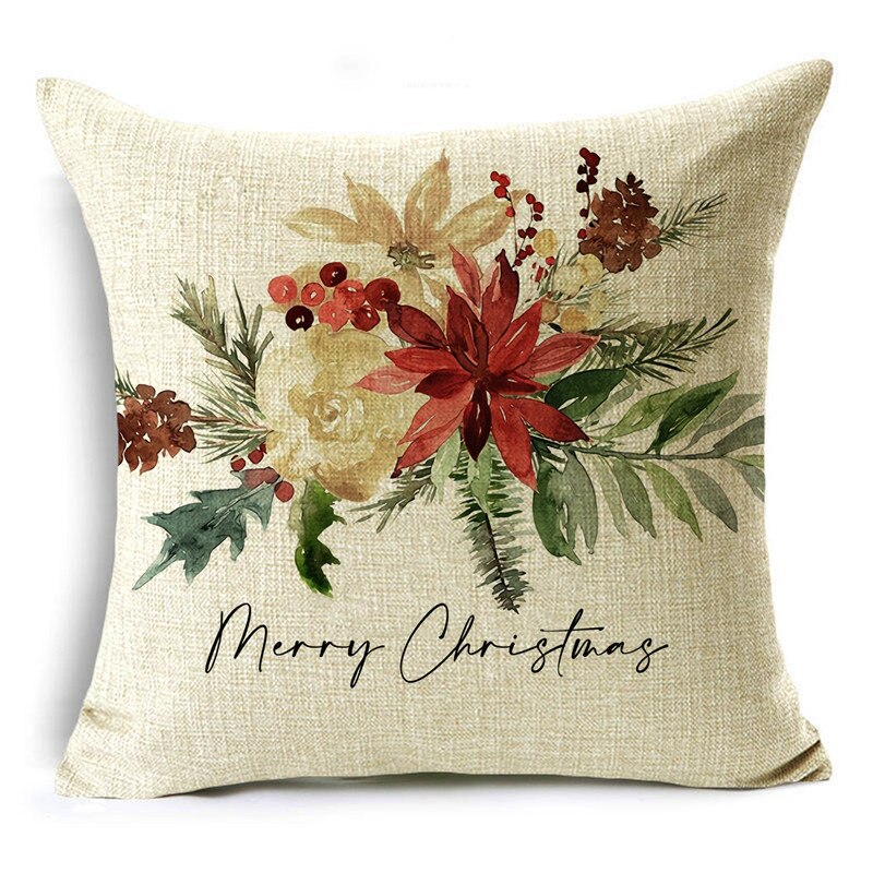 Linen Christmas throw pillow cover with poinsettia flowers and Merry Christmas text