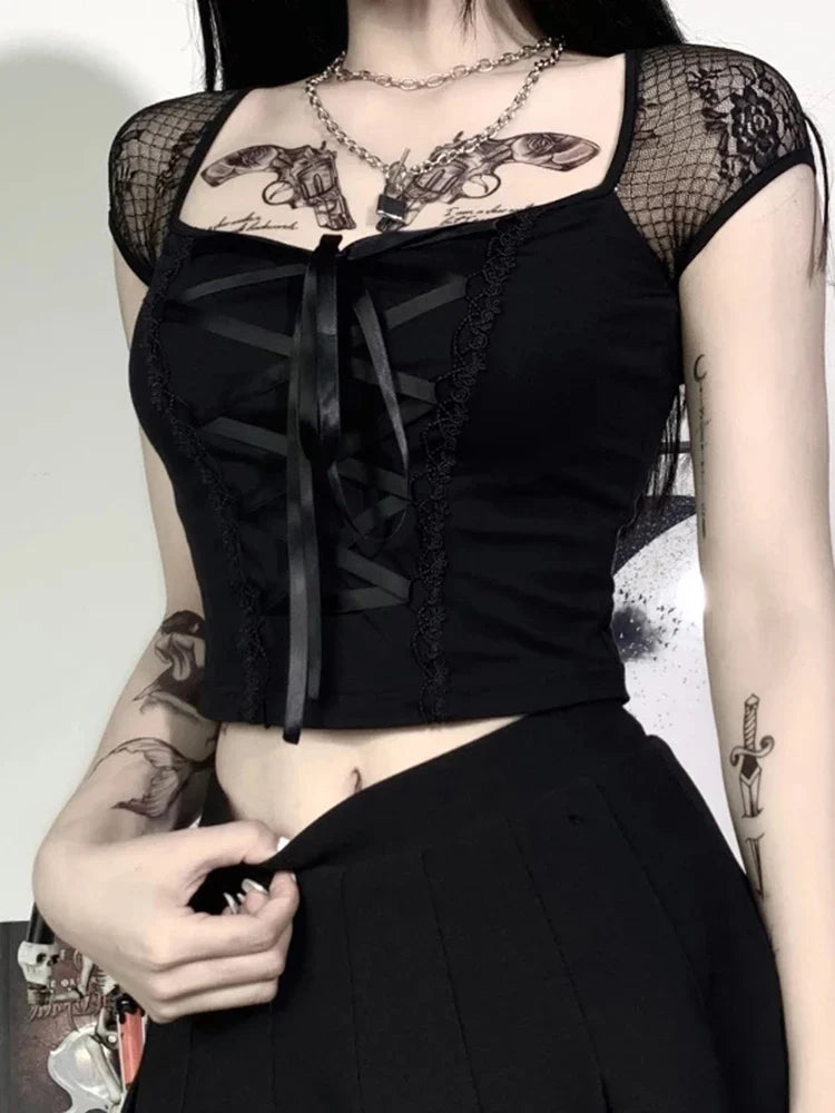 Goth Lace — Lace-Up Mesh Long-Sleeve Top