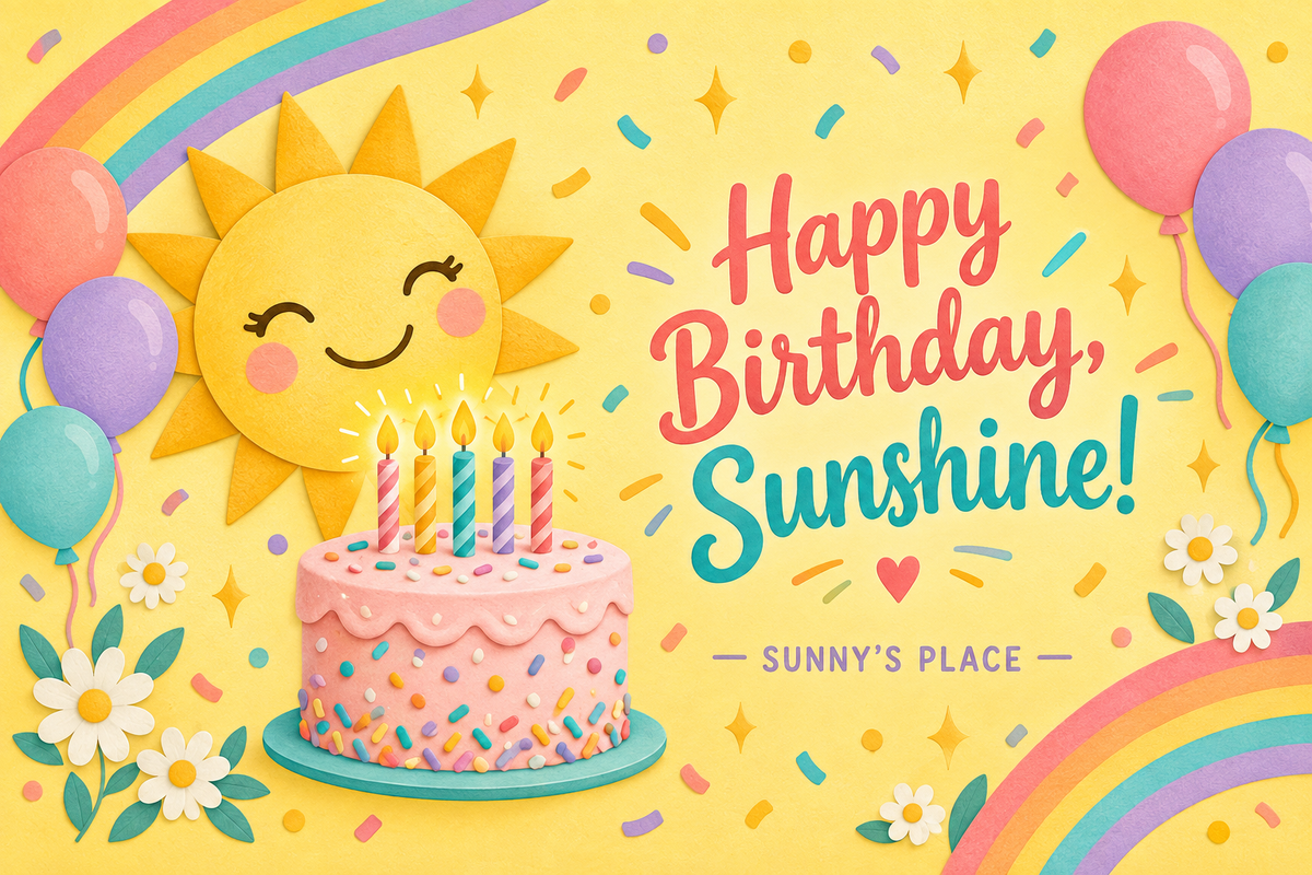 Sunny birthday gift card featuring birthday cake, candles, sunshine, balloons, and confetti