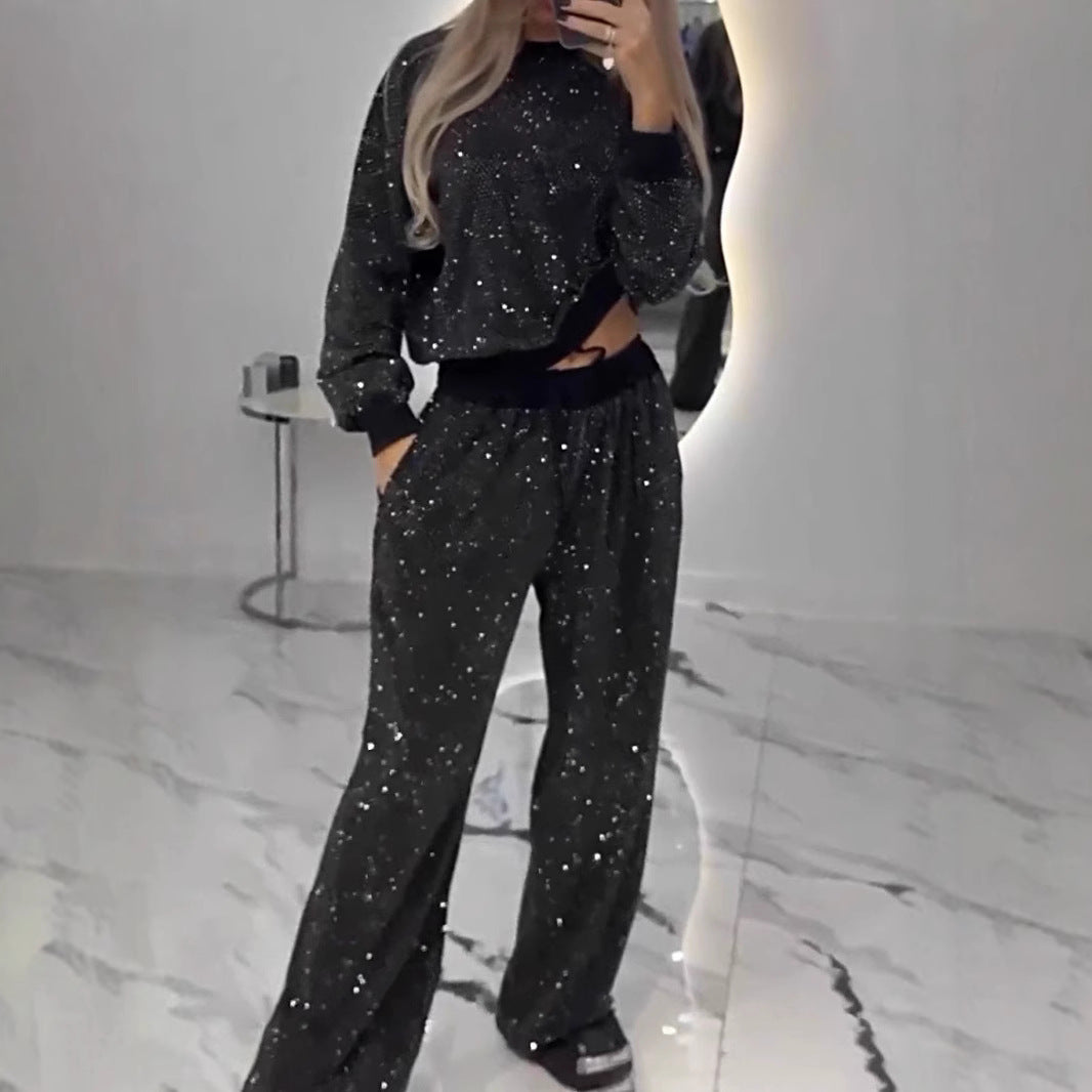 Starry Night women's 2-piece lounge set in black sparkle star print