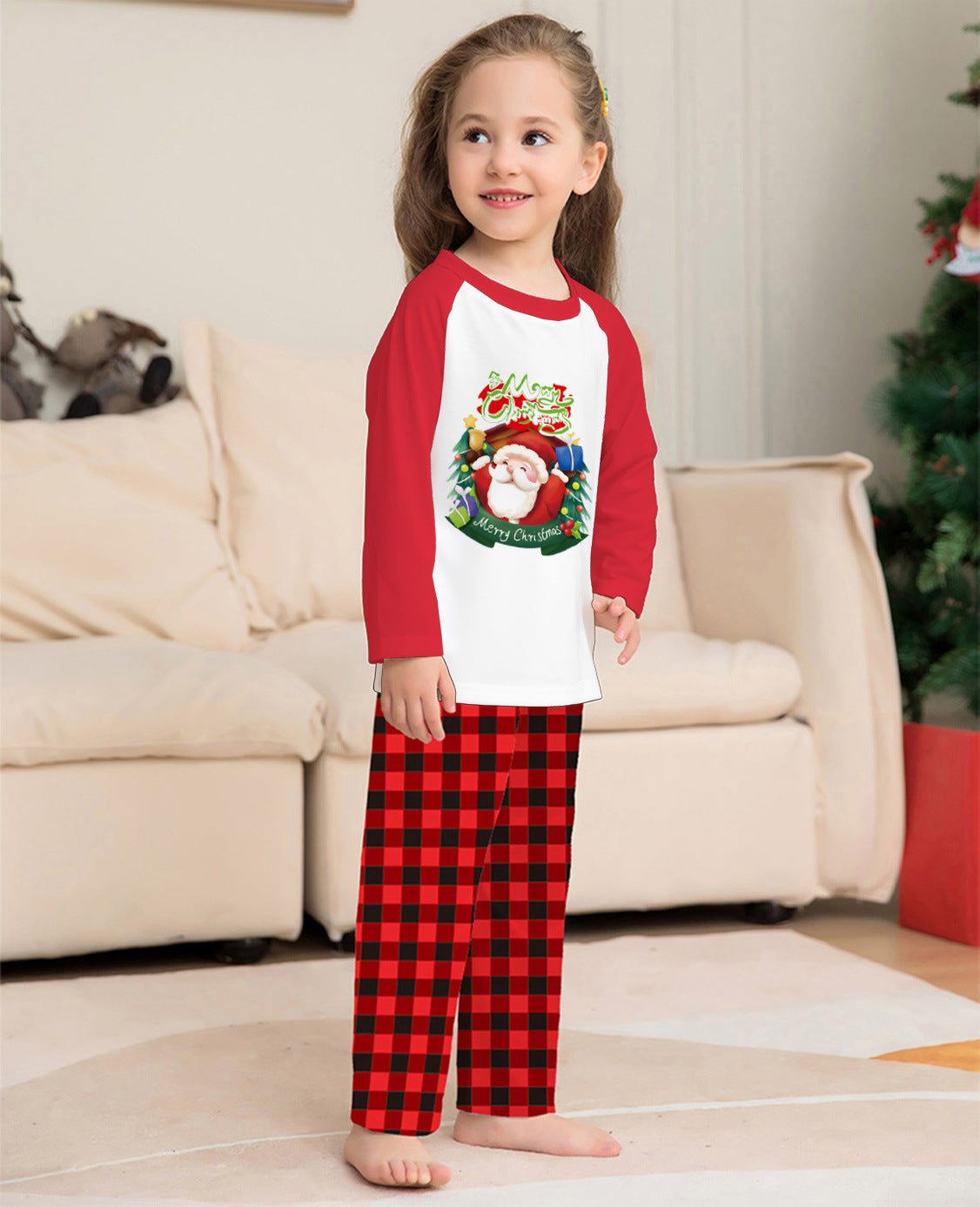 Christmas family matching pajamas, red and white long-sleeve plaid set