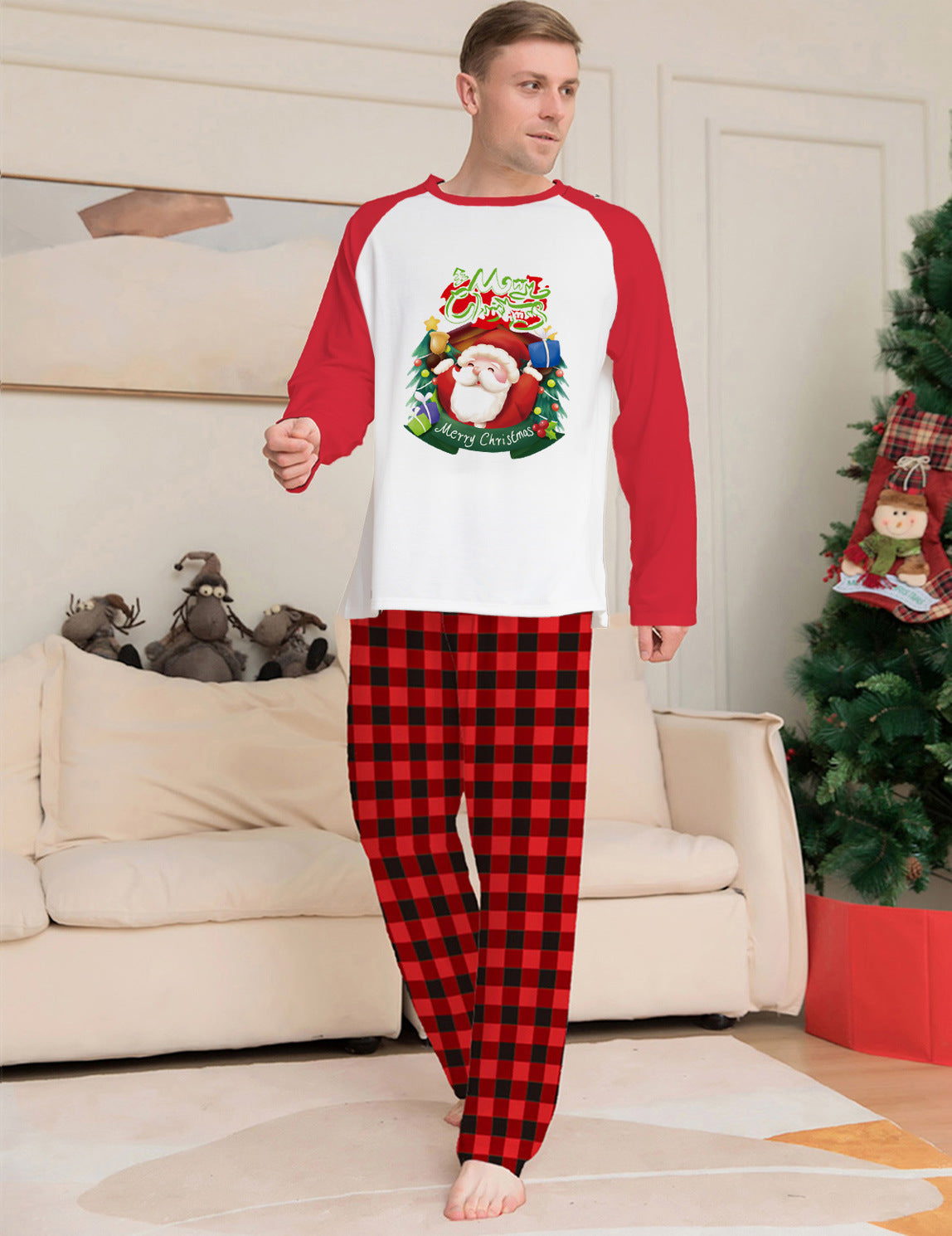 Christmas family matching pajamas, red and white long-sleeve plaid set