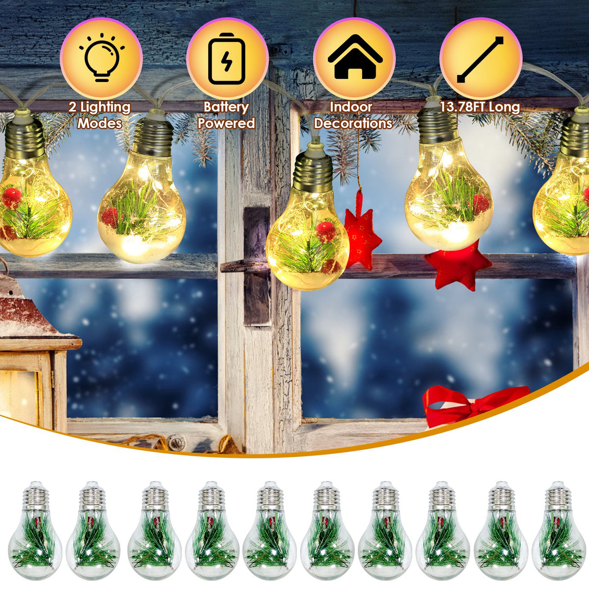 Christmas Snow Globe String Lights - 10 LED
