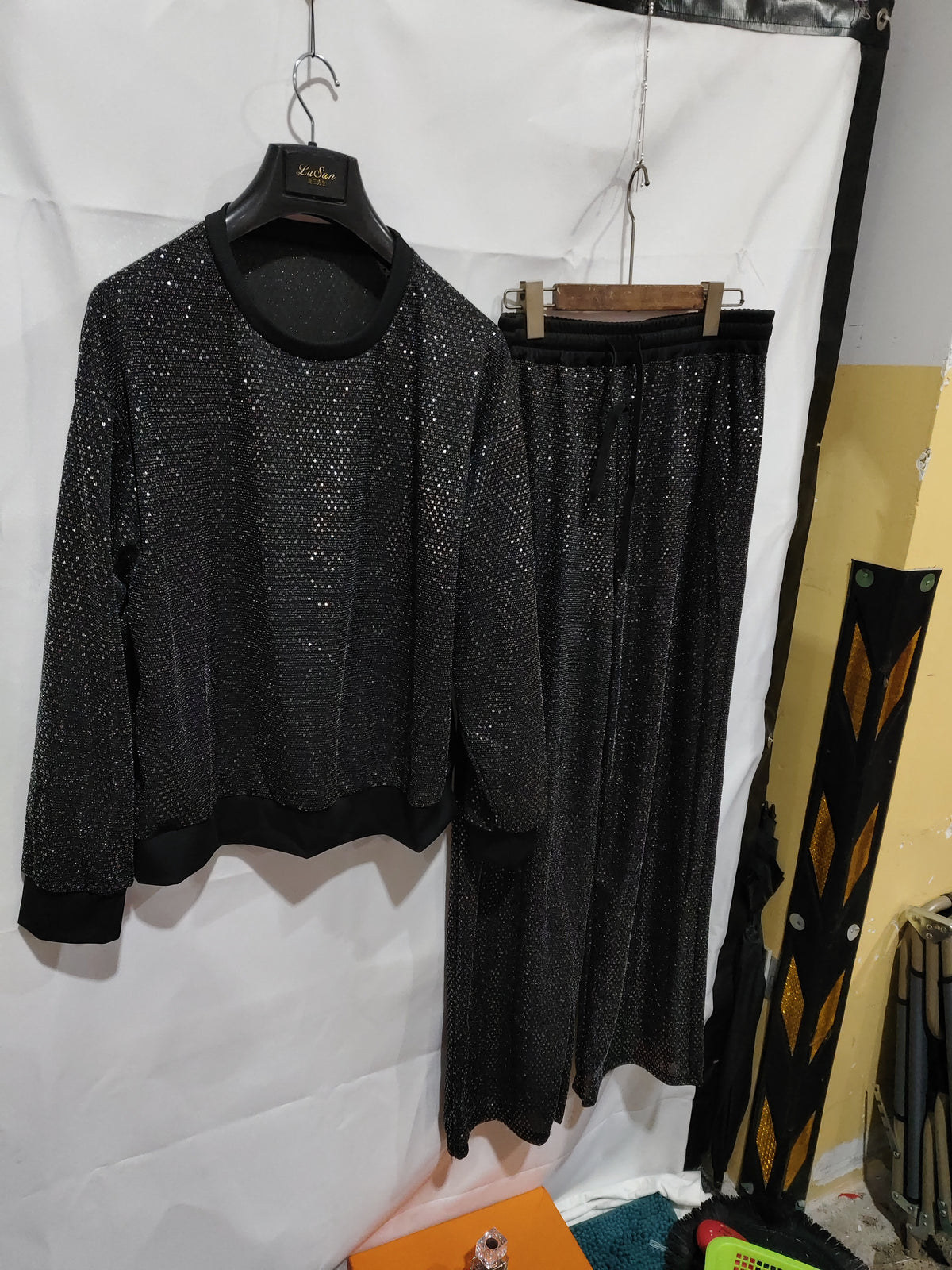 Starry Night women's 2-piece lounge set in black sparkle star print