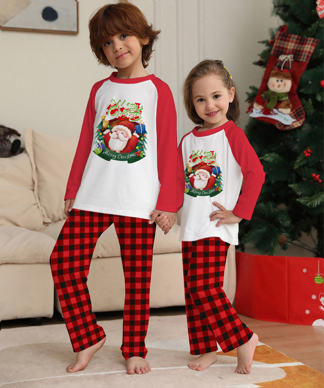 Christmas family matching pajamas, red and white long-sleeve plaid set