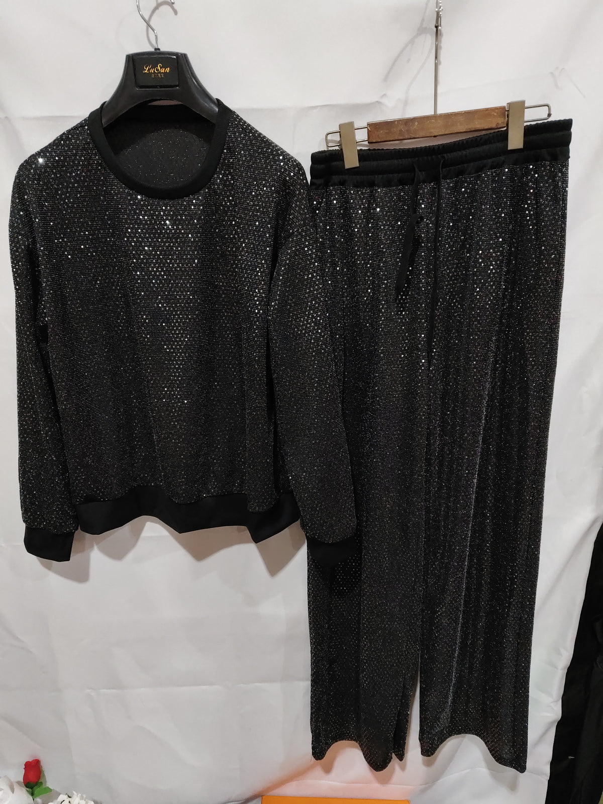 Starry Night women's 2-piece lounge set in black sparkle star print