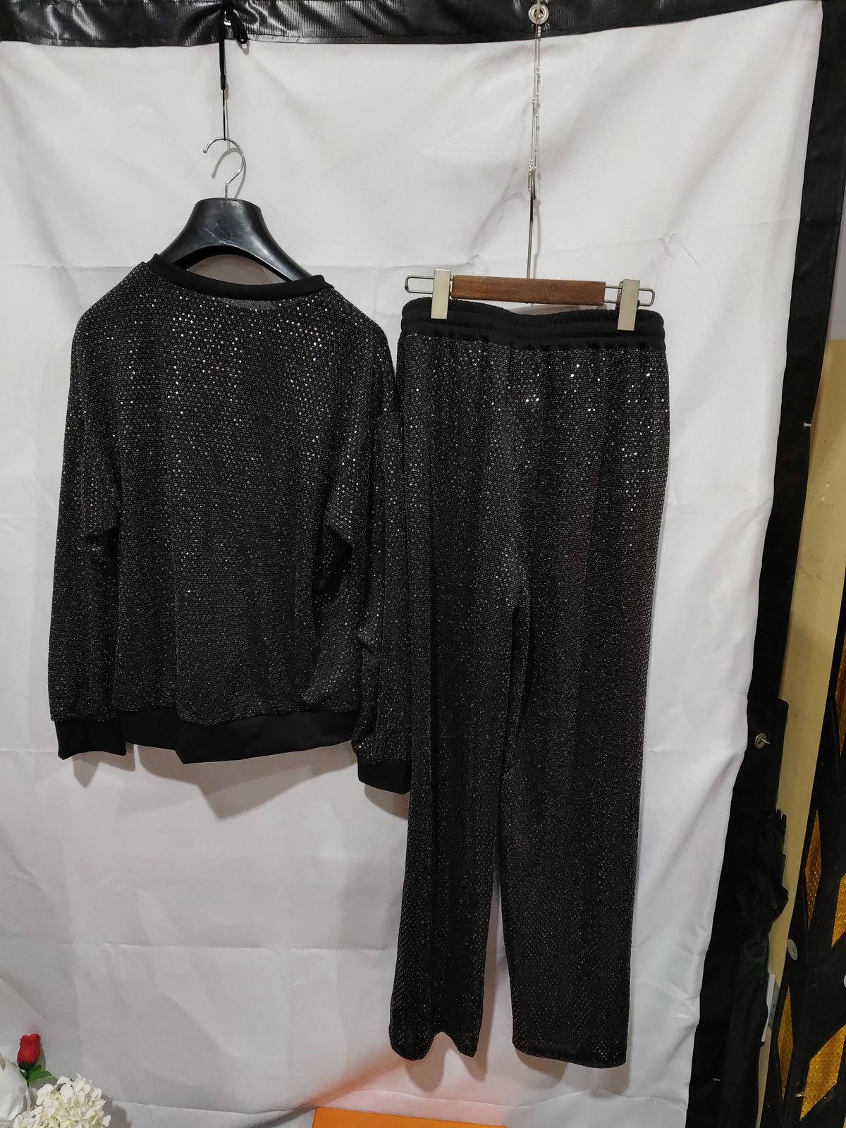 Starry Night women's 2-piece lounge set in black sparkle star print