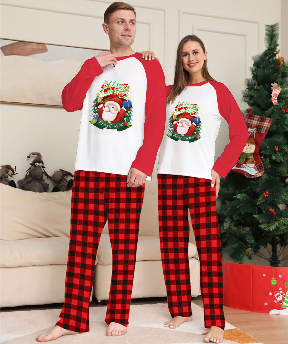 Christmas family matching pajamas, red and white long-sleeve plaid set