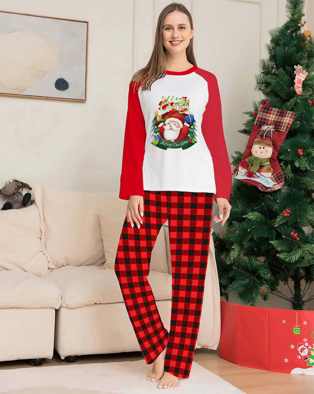 Christmas family matching pajamas, red and white long-sleeve plaid set