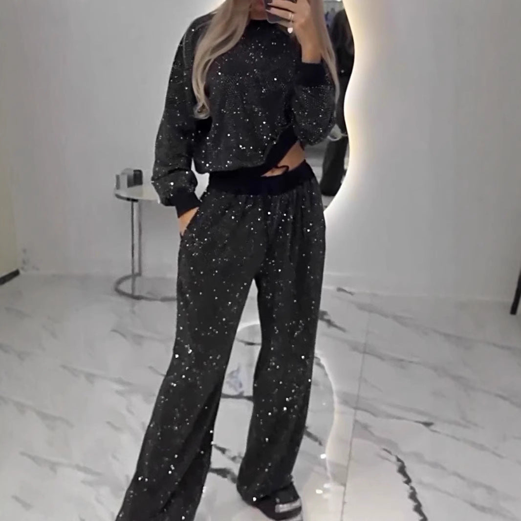 Starry Night women's 2-piece lounge set in black sparkle star print