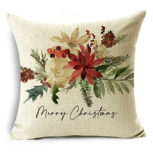 Linen Christmas throw pillow cover with poinsettia flowers and Merry Christmas text