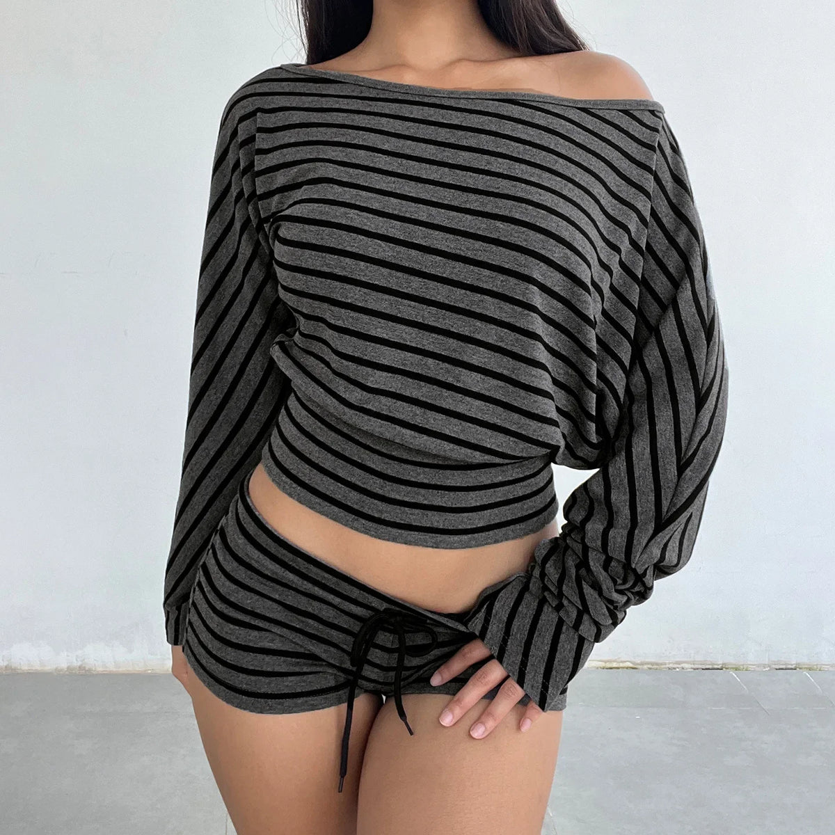 Stripe Set - Off-Shoulder Top & Shorts Set