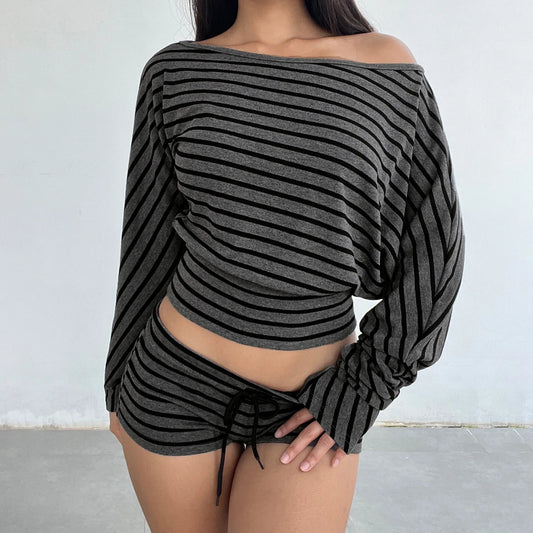 Stripe Set - Off-Shoulder Top & Shorts Set