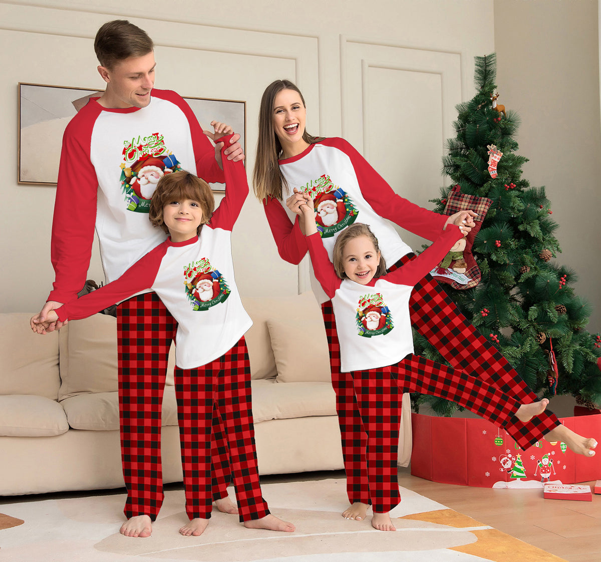 Christmas family matching pajamas, red and white long-sleeve plaid set