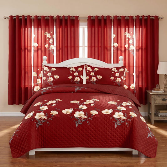 Scarlet Garden red floral reversible quilt and curtain set