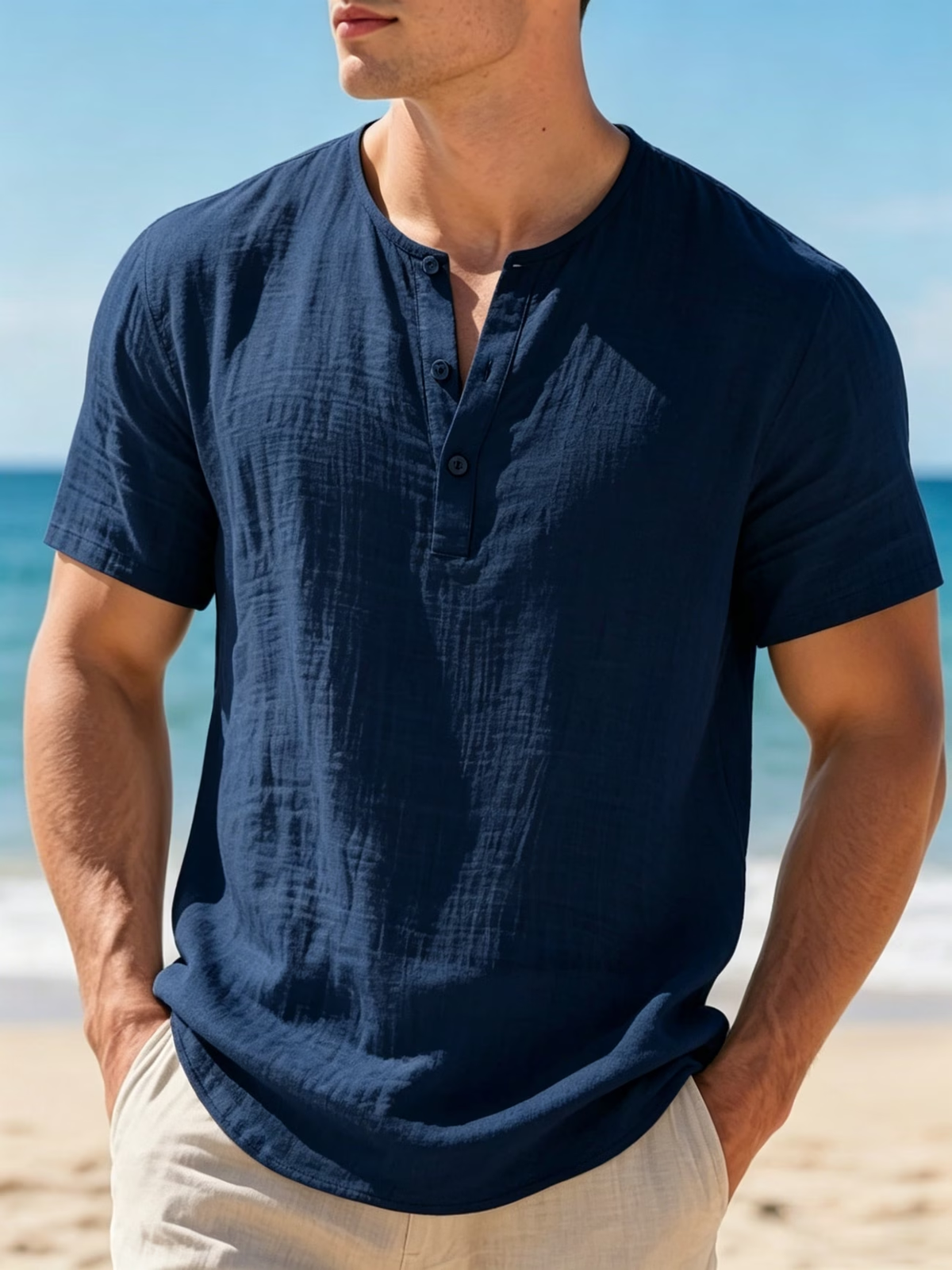 Henley Coast - Cotton-Linen Henley Tee - detail view