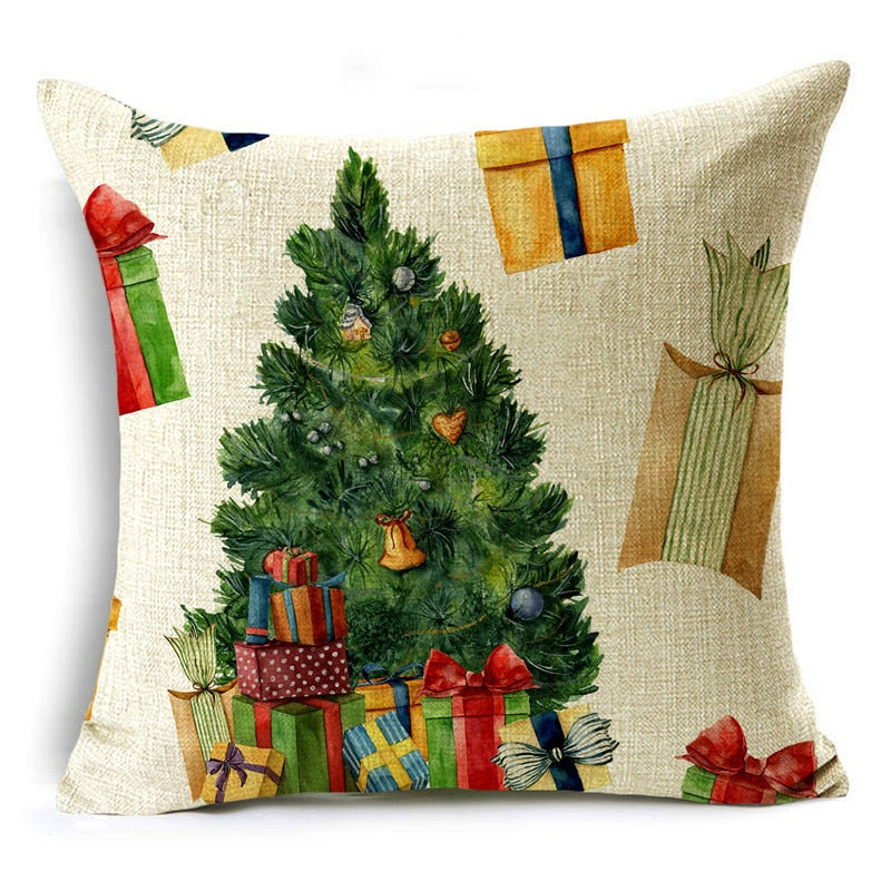 Linen Christmas throw pillow cover with Christmas tree print
