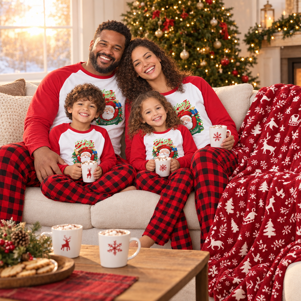 Christmas-morning family pajama and flannel blanket hero