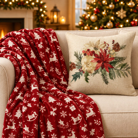 Cozy Christmas couch scene with a red patterned flannel throw and plump poinsettia pillow