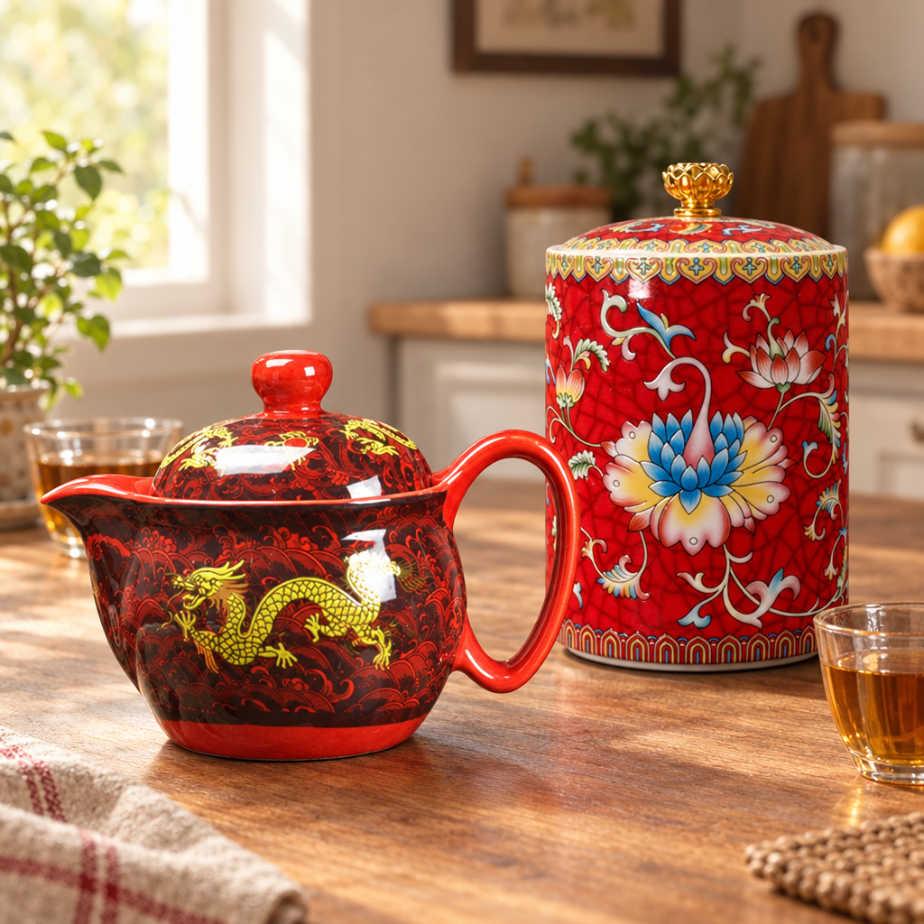 Cozy Tea Time lifestyle hero with the red dragon teapot and red floral cookie jar