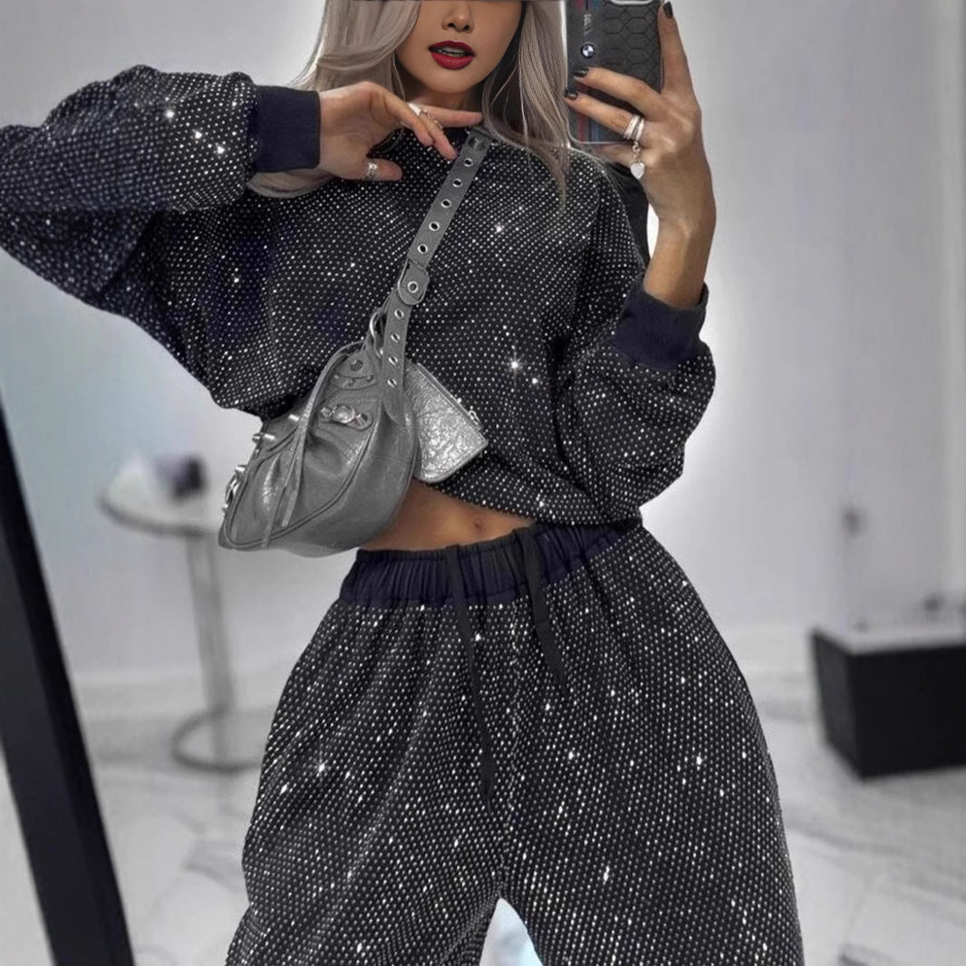 Starry Night women's 2-piece lounge set in black sparkle star print