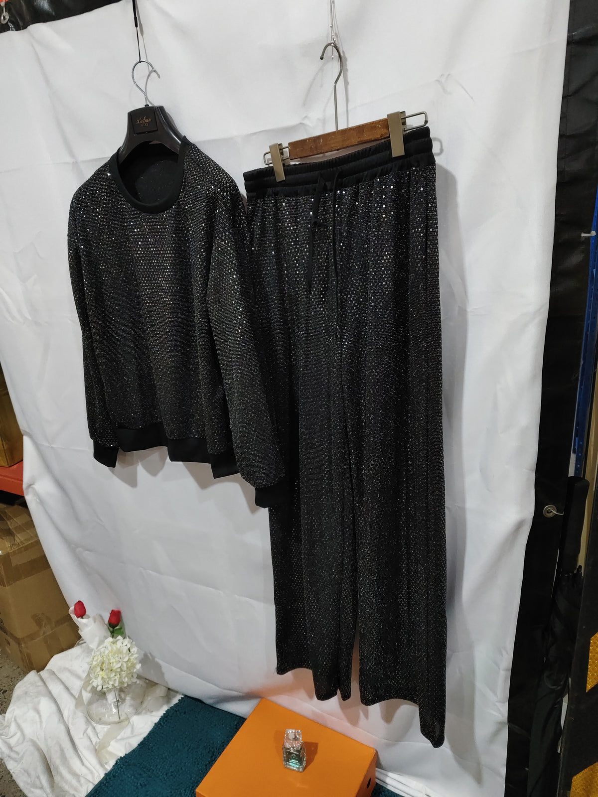 Starry Night women's 2-piece lounge set in black sparkle star print