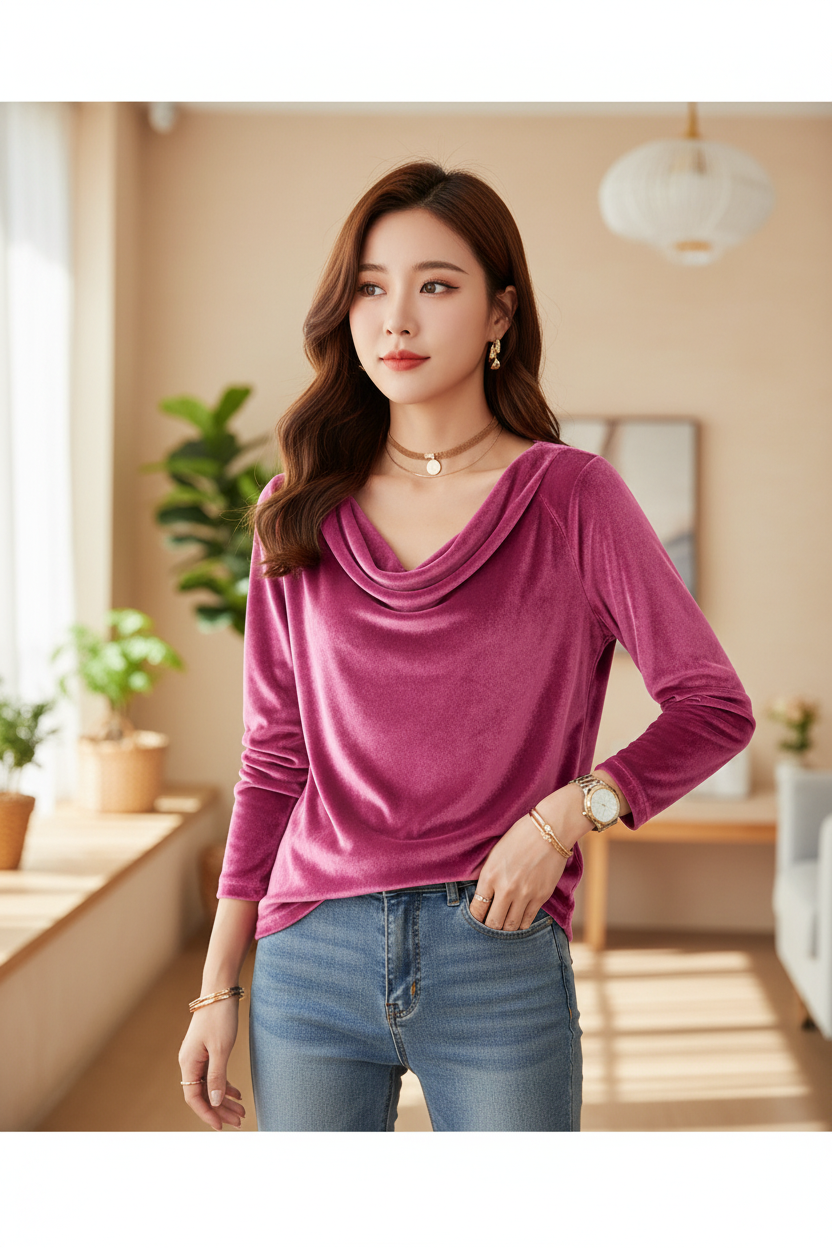 Velvet Underground - Cowl-Neck Draped Velvet Long-Sleeve Top - view 8