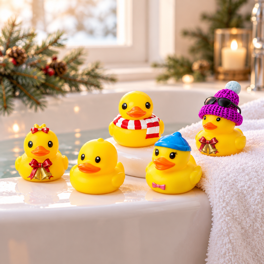Festive rubber duck toys beside a bathtub at Christmas