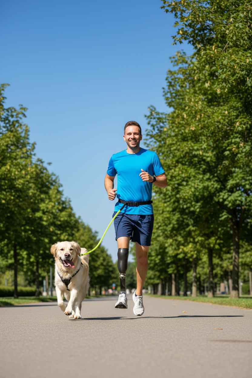 Man with prosthetic running blade jogging with golden retriever on hands-free waist leash