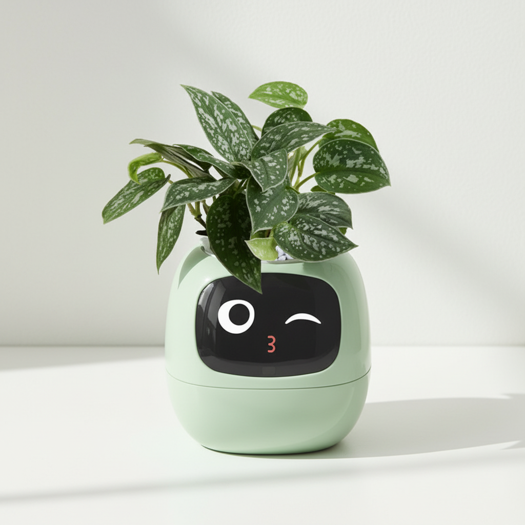 Light Green Plant Pal self-watering smart planter with expressive display