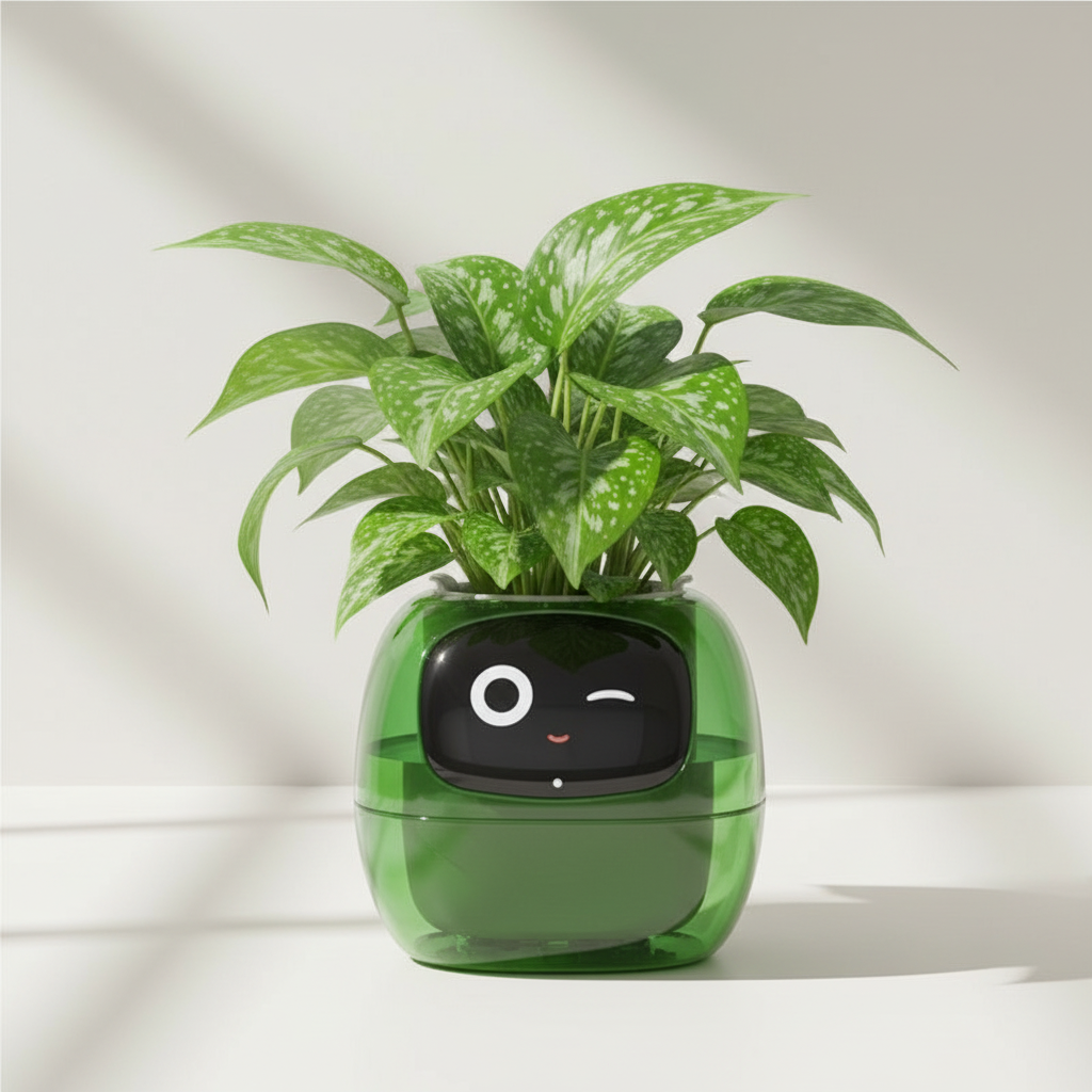 Green Plant Pal self-watering smart planter with expressive display