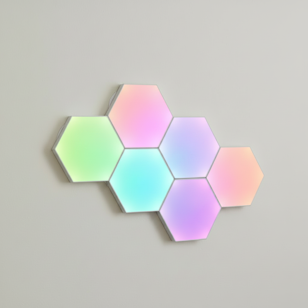 Six blank hexagonal wall light panels glowing in soft colors