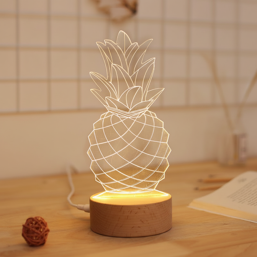 Glowing clear acrylic pineapple LED lamp in a natural wood base