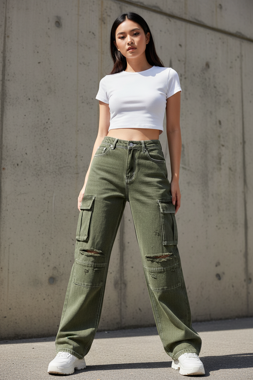 The Deep Pockets olive washed cargo jean, Southeast Asian Vietnamese model full face, urban street style editorial shot