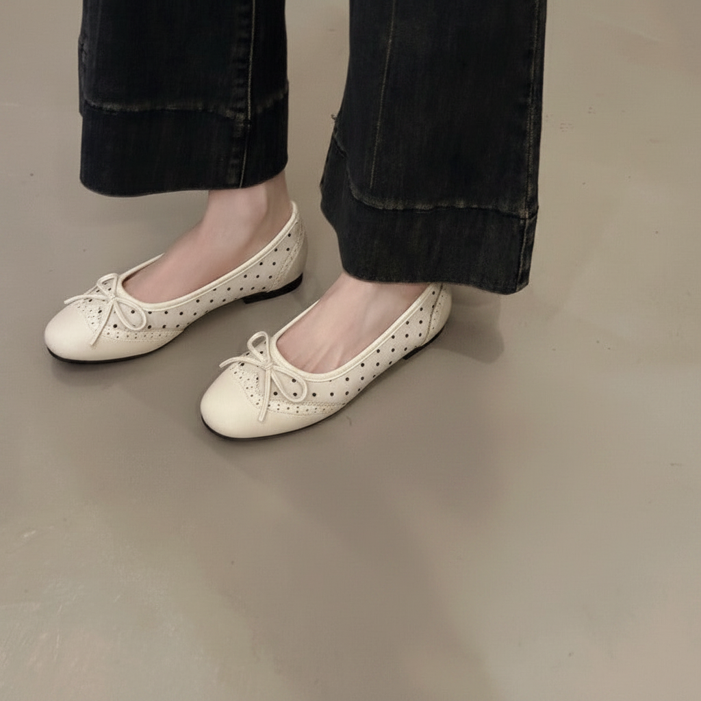 Dot to Dot Darling cream polka dot bow ballet flats, editorial lifestyle shot
