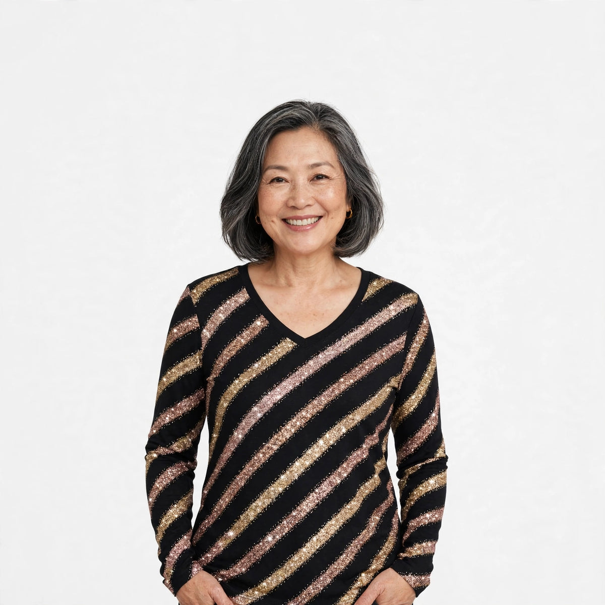 The Motherlode — V-Neck Diagonal Glitter Print Long-Sleeve Top