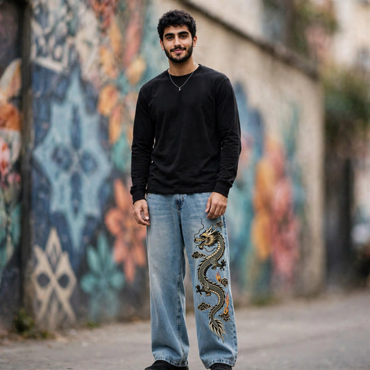 Mythic — Jeans holgados de pernera ancha con bordado de dragón