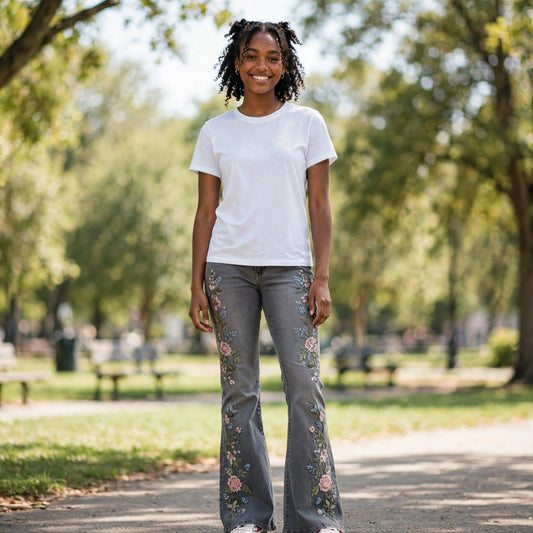Garden Party Crasher — Floral Embroidered Flare Jean