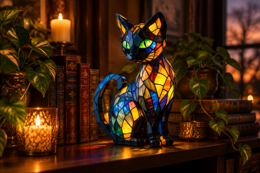 Mosaic Cat - Stained Glass Resin Cat Statue LED Light Ornament | Witchy Home Decor