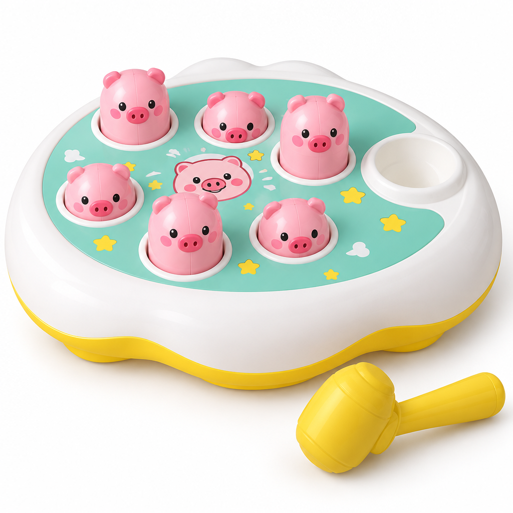 A children's toy set featuring pink pig-shaped buttons on a mint green and white cloud-shaped base, with a yellow mallet accessory placed in front on a clean white background.