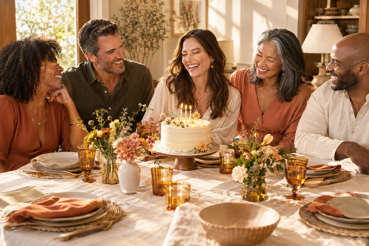 Sophisticated adult birthday gathering around an elegantly styled table with cake and warm sunlight