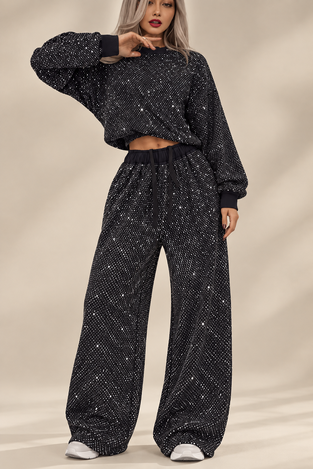 Starry Night women's 2-piece lounge set in black sparkle star print